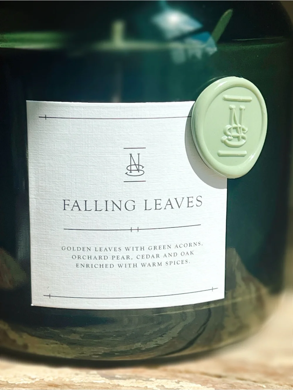 NEW Ninety Six Falling Leaves Candle 16 OZ Forest Green Glass Vessel